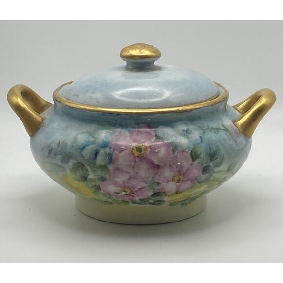 Vintage Marked Pastel Floral Gold Trim Sugar Bowl w Lid Violets Trinket Box READ - Picture 1 of 13